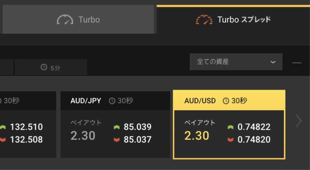 ハイローオーストラリアのTurbo30秒スプレッド取引はペイアウト率が2.30倍と高く、両建てとの相性が良い
